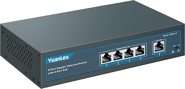 YuanLey 5 Port Gigabit PoE Switch with 4 Port PoE+, 802.3af/at 78W Built-in Power, Fanless Metal Unmanaged Plug & Play