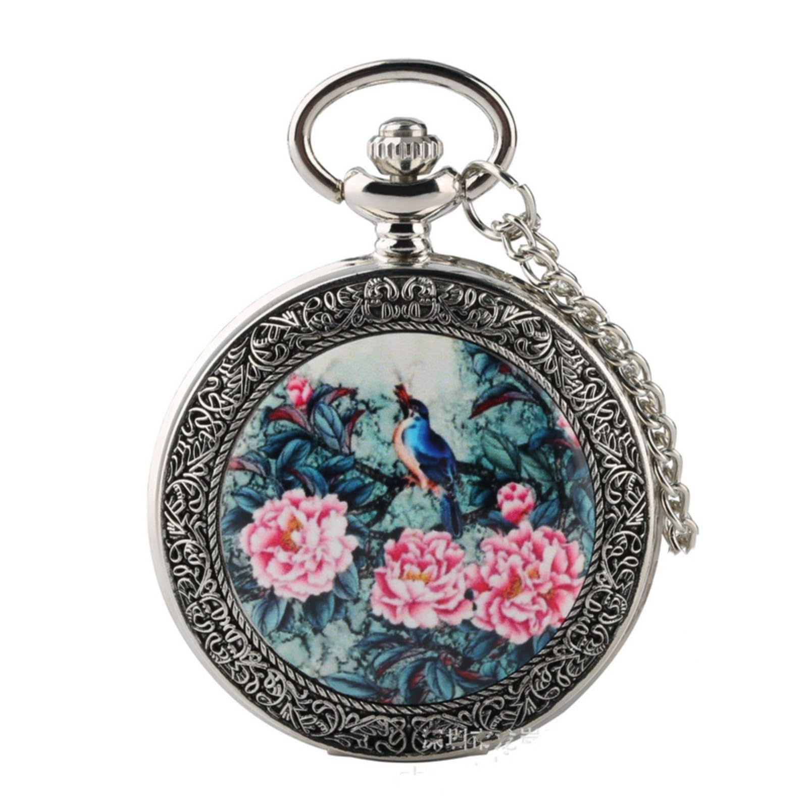 Reloj de Bolsillo, Reloj de Bolsillo Vintage, patrón un pájaro y Tres Flores, Reloj con Cadena