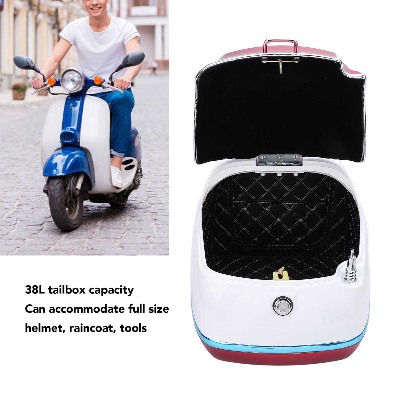 SIXRUN Vintage Style Water Proof 38L Motor Top Case Tail Trunk Box mit Schlüsselschloss, Universal für Motorräder, Elektrische Roller (Rot)