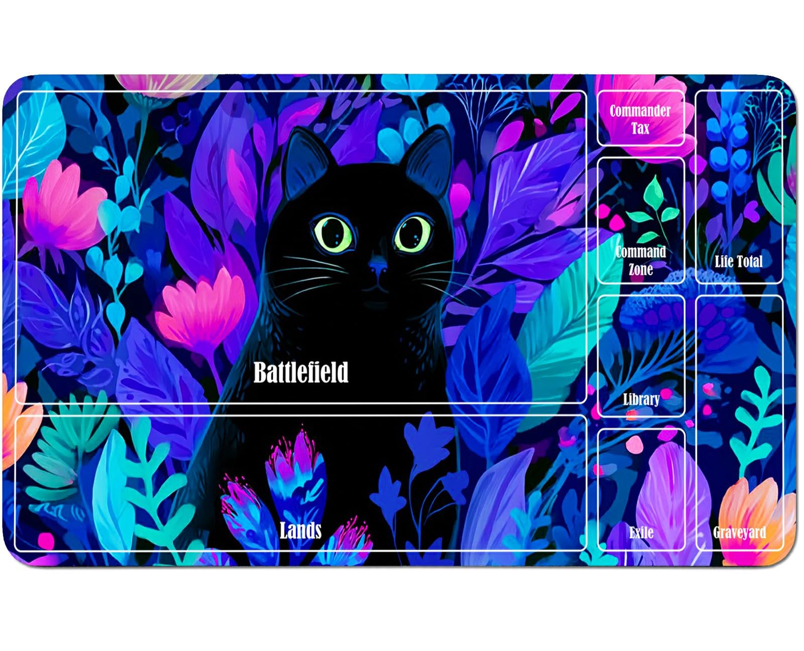 RWUTYTIUL for MTG Card Playmat 24 X 14 Inch with A Zone, Stitched Play Mat for Commander Board TCG RPG CCG Game Desktop Tablet Mouse Pad for Playing Accessories, Purple Flower Black Cat