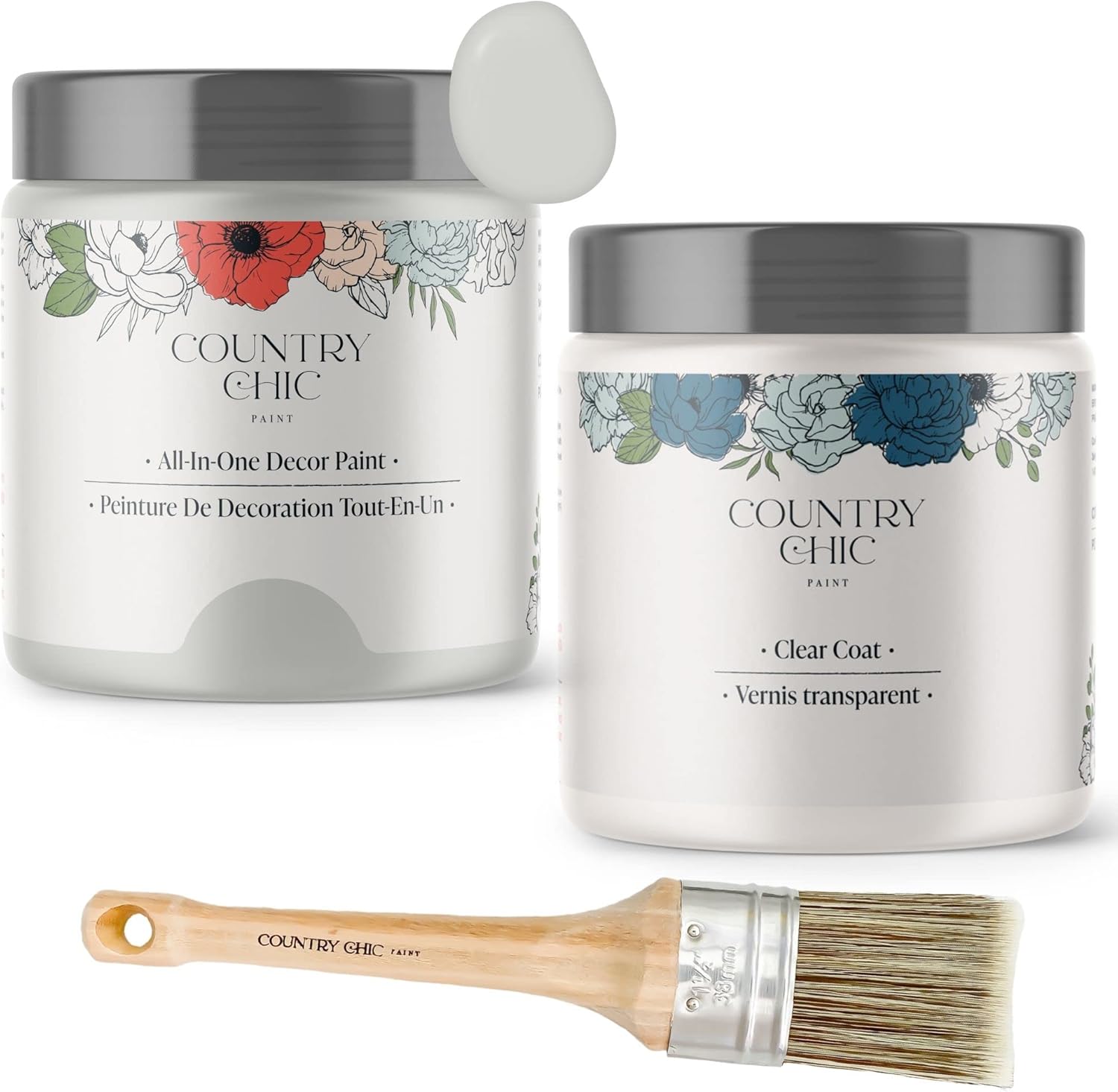 Chalk Style Paint + Clear Coat + Paint Brush Bundle - for Furniture, Home Decor, Crafts (Color: Lazy Linen [pint - 16 oz] - Light Grey)