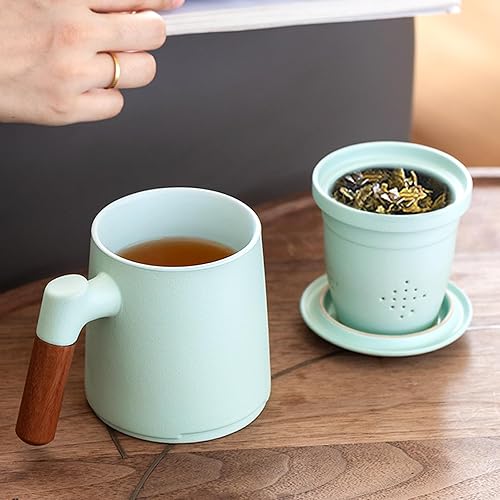 Vista 22 de ZENS Taza de té con infusor y tapa para remojar hojas sueltas, taza infusor de té de cerámica en relieve de 16.9 onzas, difusor de té con mango