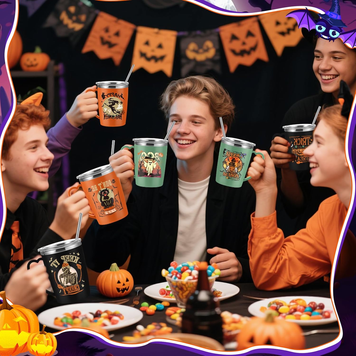 6 Pcs Halloween Coffee Mugs Cups 16 oz Halloween Stainless Steel Insulated Tumblers Bulk with Handle Lid Straw Brushes Spooky Ghost Face Monster Black Cat Mugs Trick or Treat Gifts - Image 4