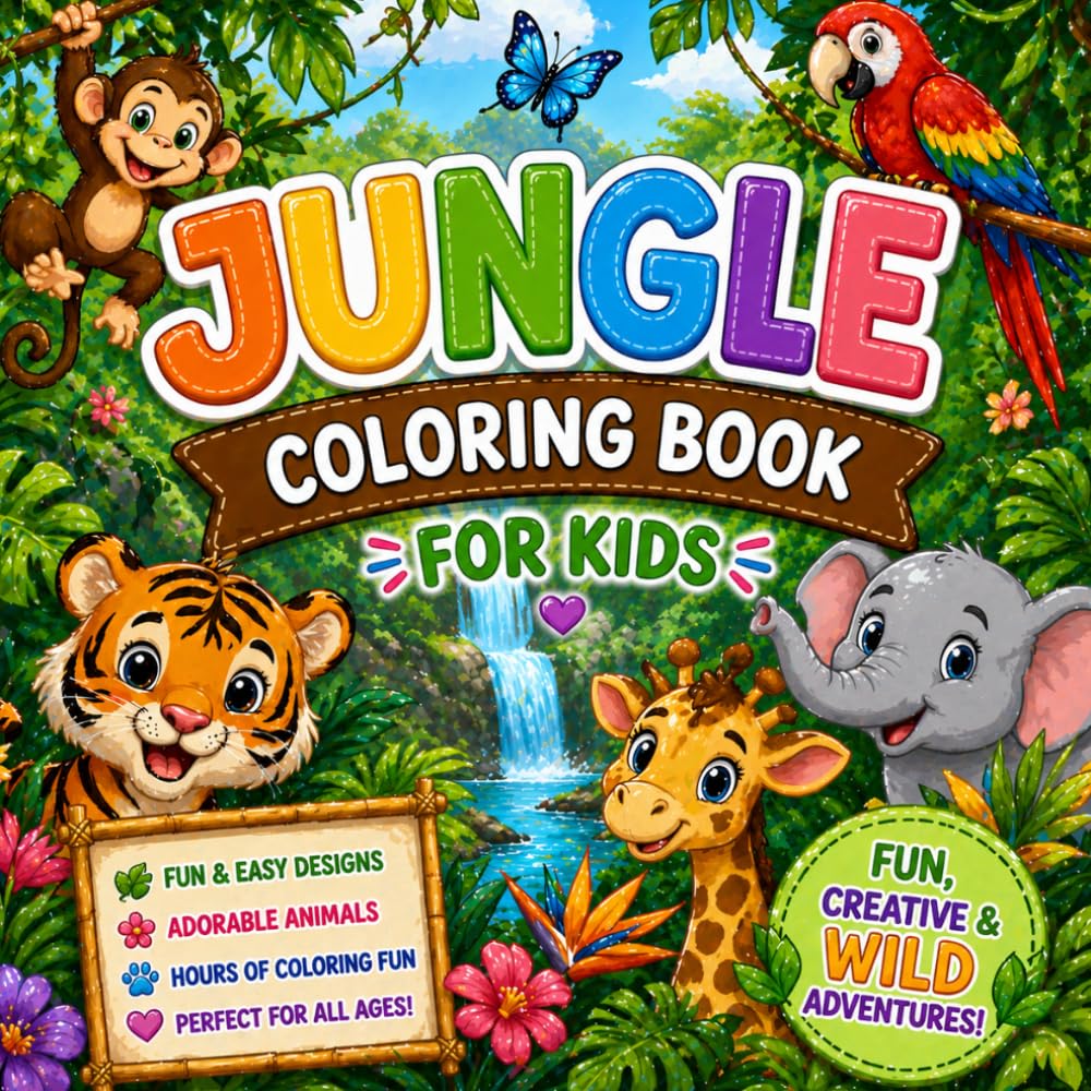 Jungle Coloring Book for Kids Ages 4-8: Fun & Easy Jungle Animals Lions, Monkeys, Elephants, & More Fun Pages