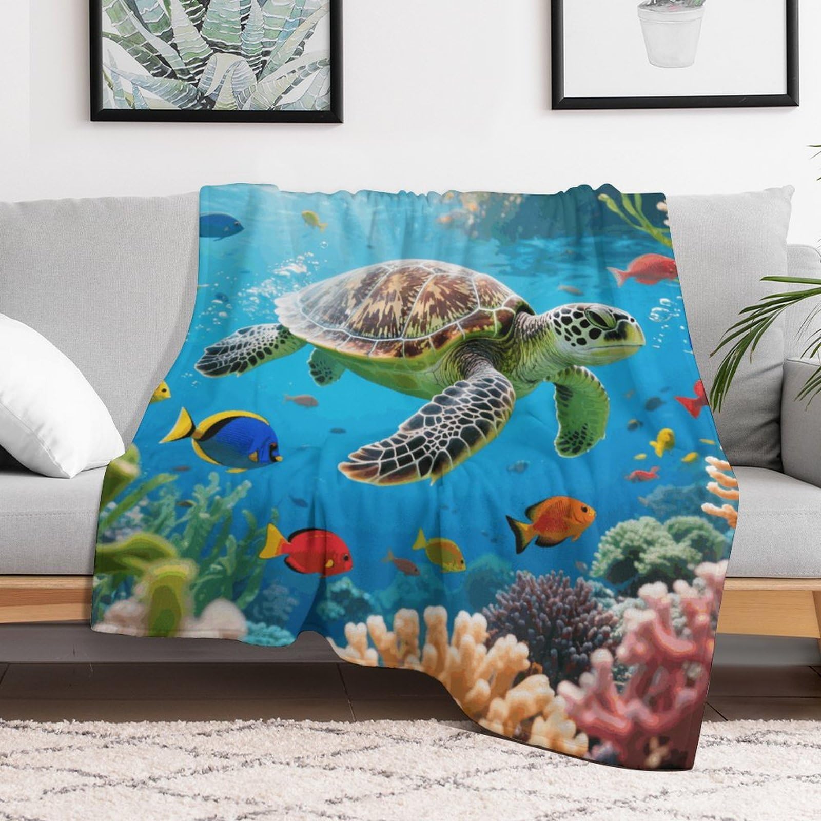 Custom Sea Turtle Colorful Fish Blanket Lightweight Flannel Fleece Throw for Couch Sofa Bed Luxury Soft Cozy Plush Lap Bedtime Blanket for All Seasons Bedroom Home Decor Gifts 40x50