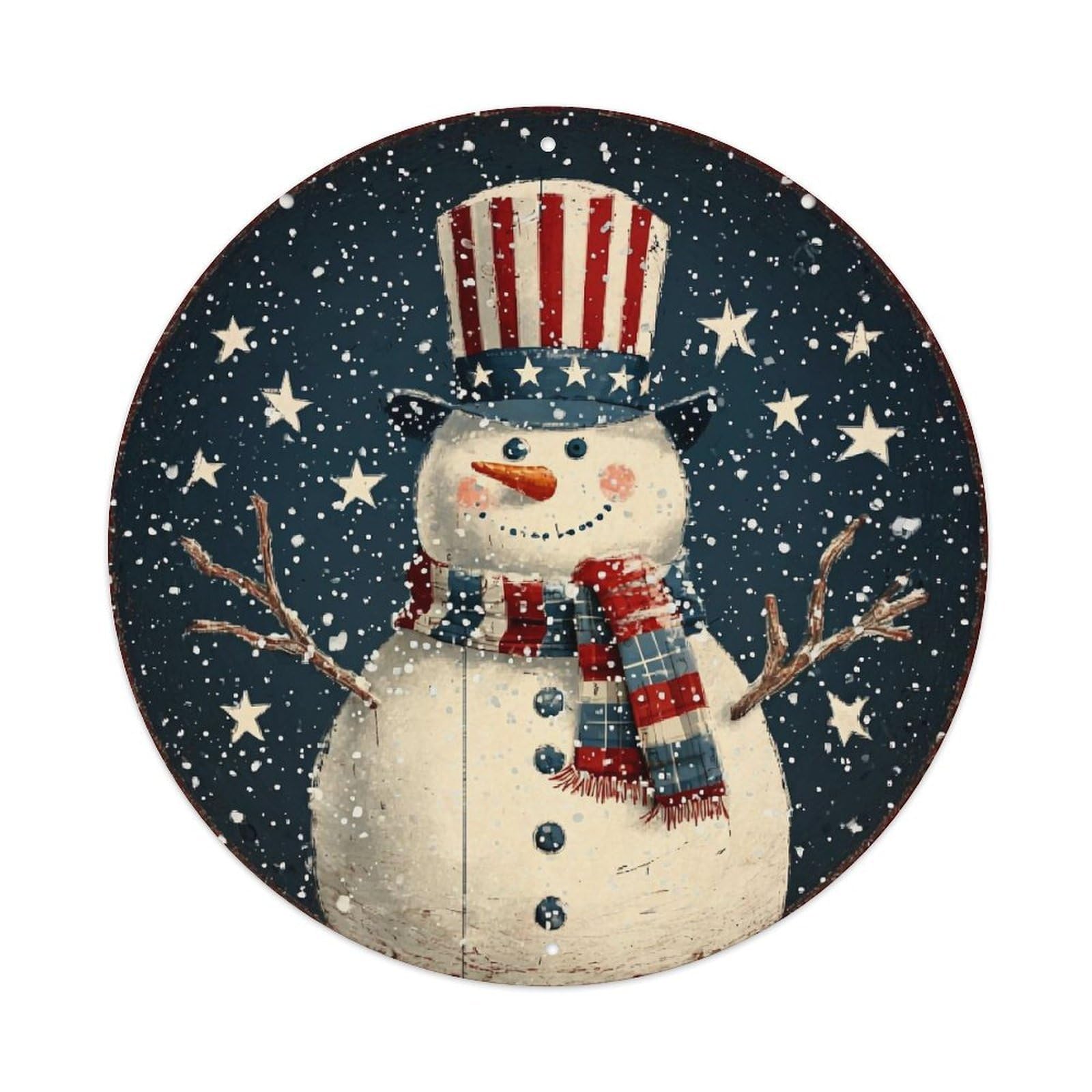 Patriotic Snowman Winter Scene Print Vintage Metal Tin Sign Retro Wall Decor for Home Bar Garage Cafe, Indoor & Outdoor Decorative，circle Metal Poster, 8x8 Inch