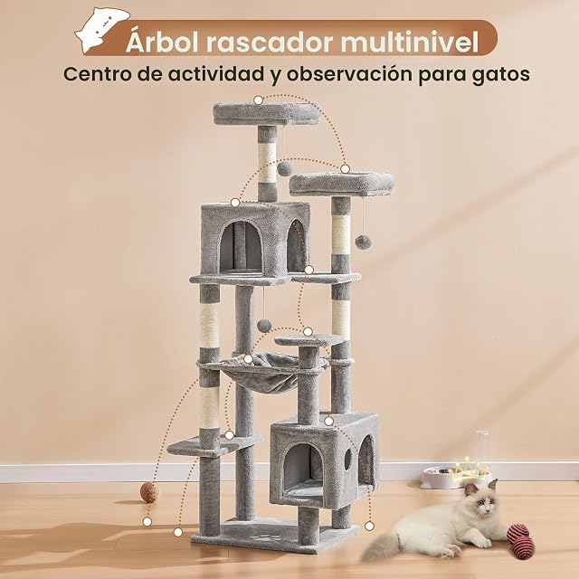 Foto 7 de 7 de MSmask Rascador Grande, L Estable 160 cm, Árbol para Gatos con 2 Plataformas, 2 Cuevas, 1 Hamaca