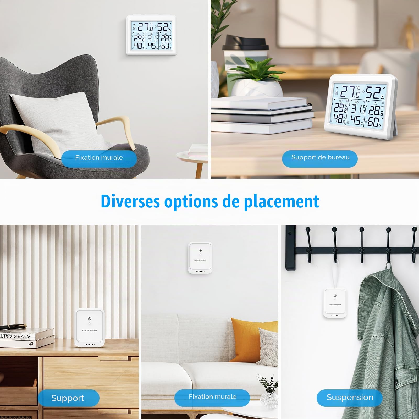 Brifit Thermomètre Hygromètre Numérique sans Fil avec 3 Capteurs, Thermomètre Connecté, Écran LCD, Enregistrement Min/Max, Commutateur ℃/℉, Thermomètre Intérieur et Extérieur pour Maison, Bureau-Blanc