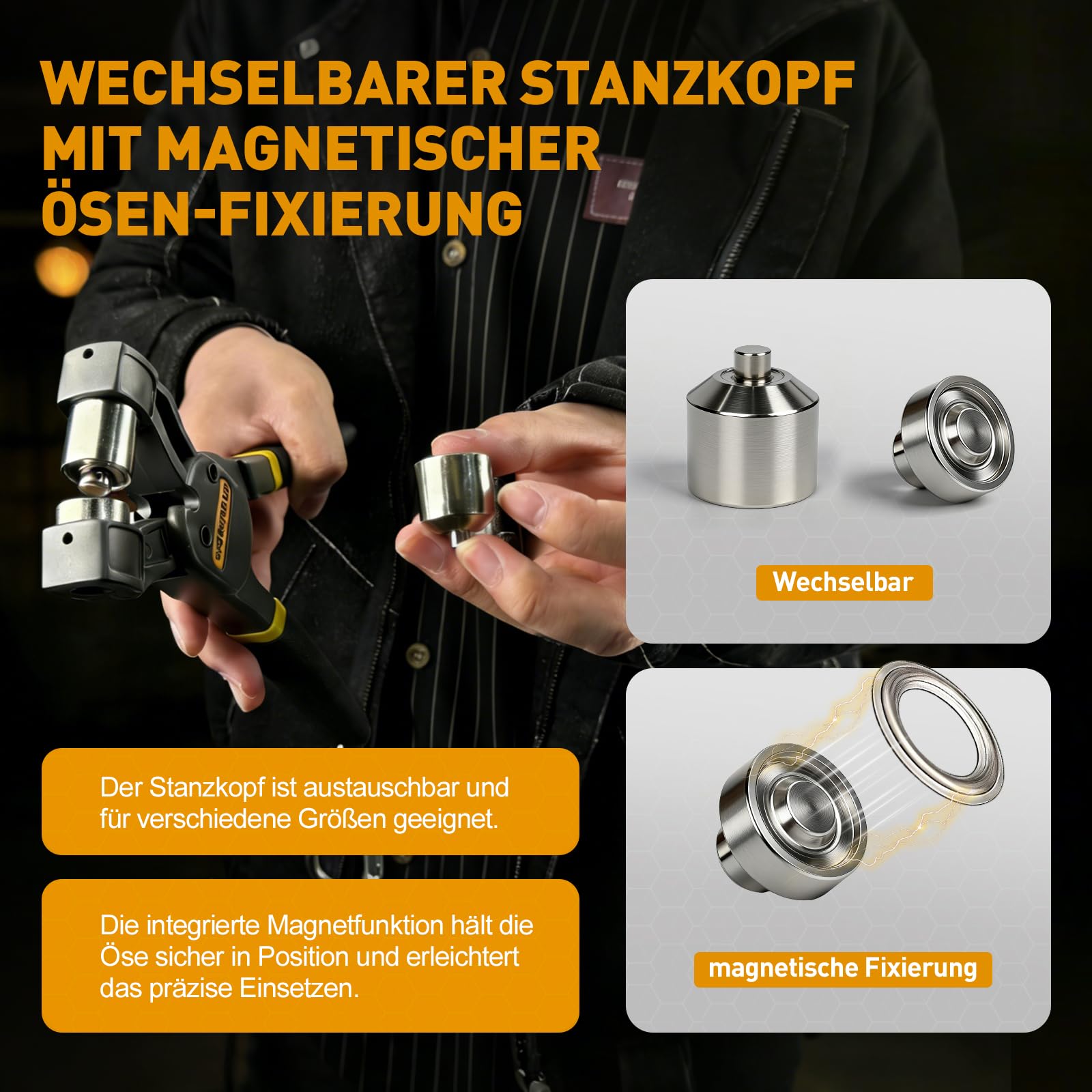 Pince à œillets professionnelle pour bâches et tissus avec 200 œillets - Kit d'œillets avec tête de perforation magnétique et insert interchangeable de 10 mm - Presse à œillets pour cuir