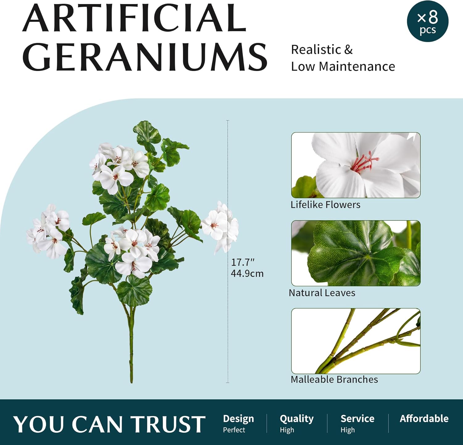 Artificial Flowers for Outdoors 8PCS Artificial Geraniums for Indoor Fake Flowers 17.7In Uv Resistant Artificial Outdoor Flowers Suitable for Indoor Home Decor Outdoor Garden Decor (White)