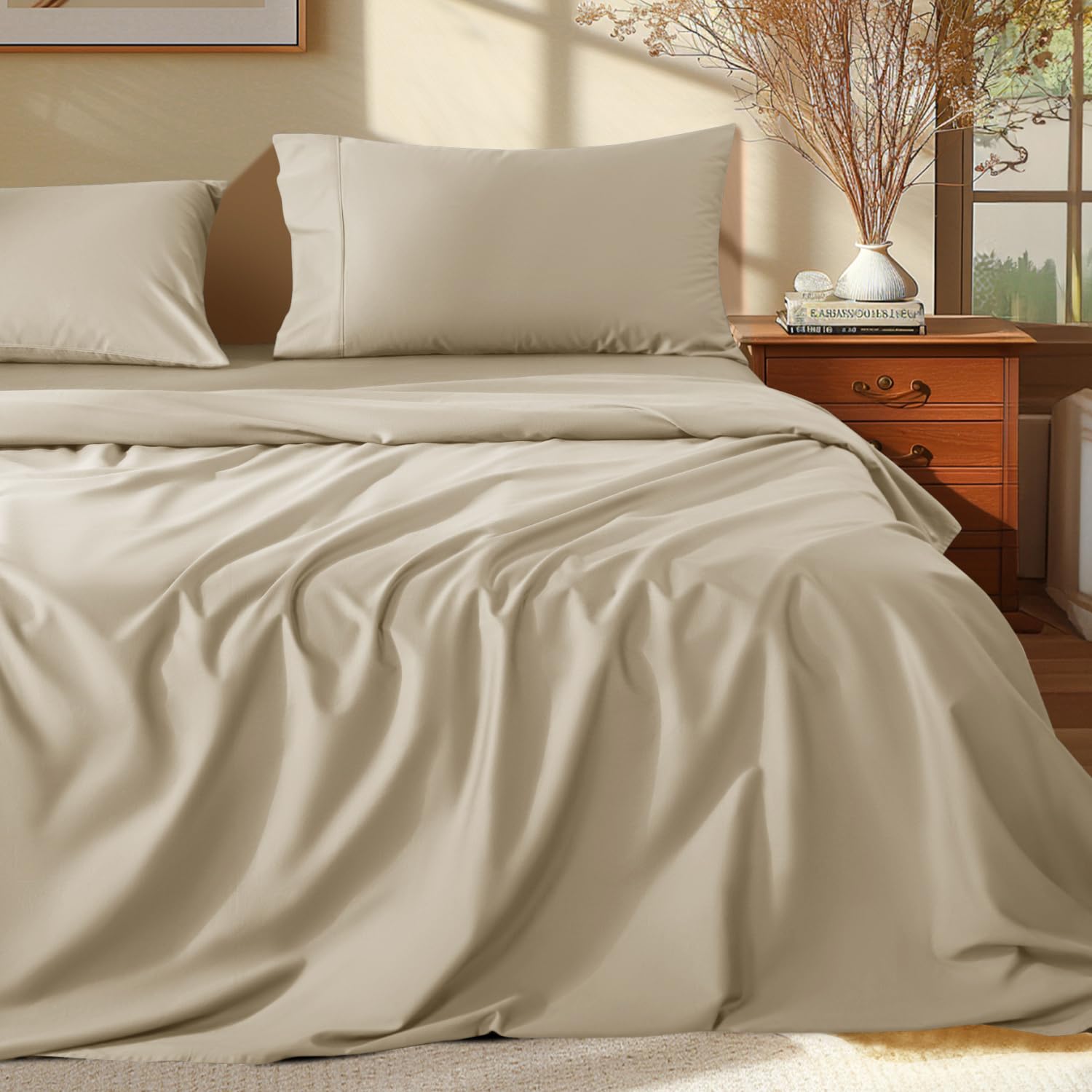 Shilucheng 100% Cotton Sheets, 4 Pieces Sheet Set, Breathable Cooling Bed Sheets with Deep Pocket Up to 16", Bedding Sheets & Pillowcases (King,White) — view 12