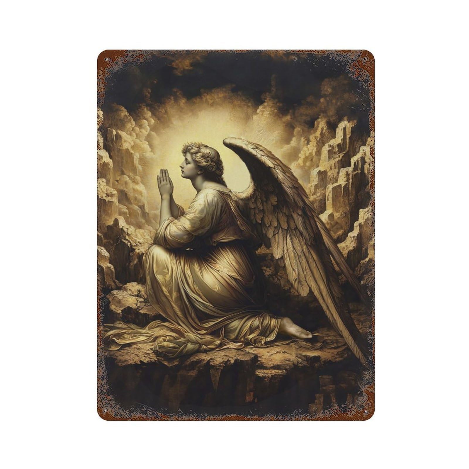 Garage Style Gold X Angel Prayer Rust Effect Tin Sign 15.7"x11.8", Farmhouse Wall Decor for Bar And Workshop