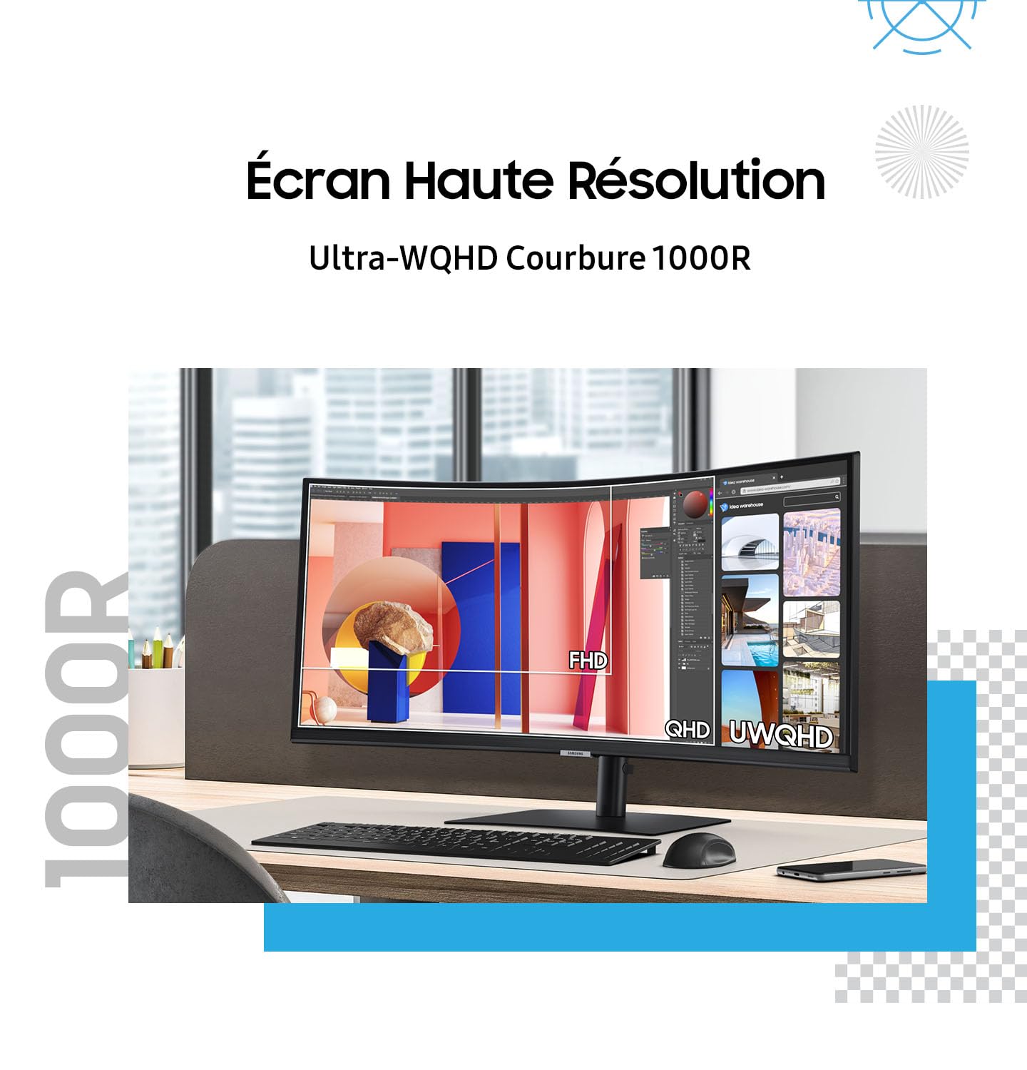 Samsung Ecran PC ViewFinity S65VC, 34" 100Hz - Dalle VA Incurvée 1000R, Résolution WQHD : 3440 x 1440 , 5ms, 3000:1, Adaptative Picture, Auto Source Switch+, KVM Switch,Pied Ajustable, Display port