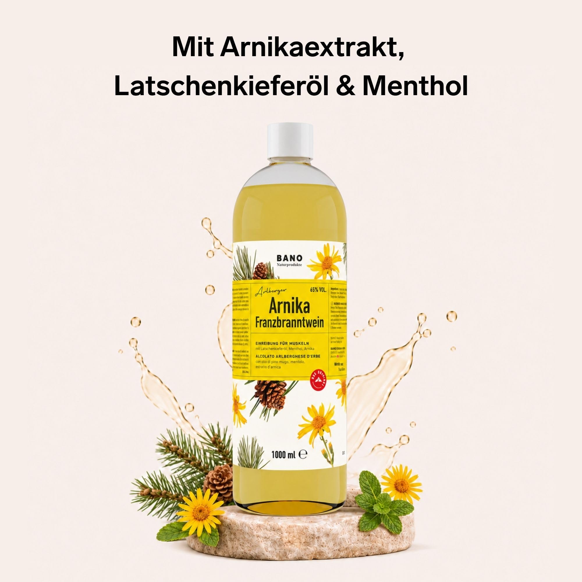 BANO Tiroler Arnika Franzbranntwein 1000ml, Ideal vor und nach Sport, sowie bei Muskelkater, zum Kühlen schwerer Beine, enthält 65% vol. Alkohol, Latschenkieferöl, Menthol und Arnikaextrakt