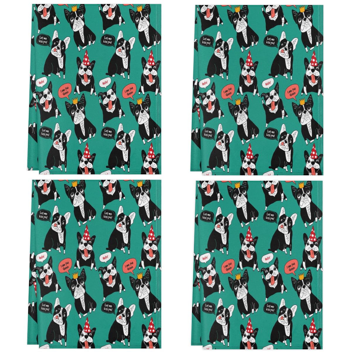 Set di 4 asciugamani da cucina con motivo bulldog, 71 x 45