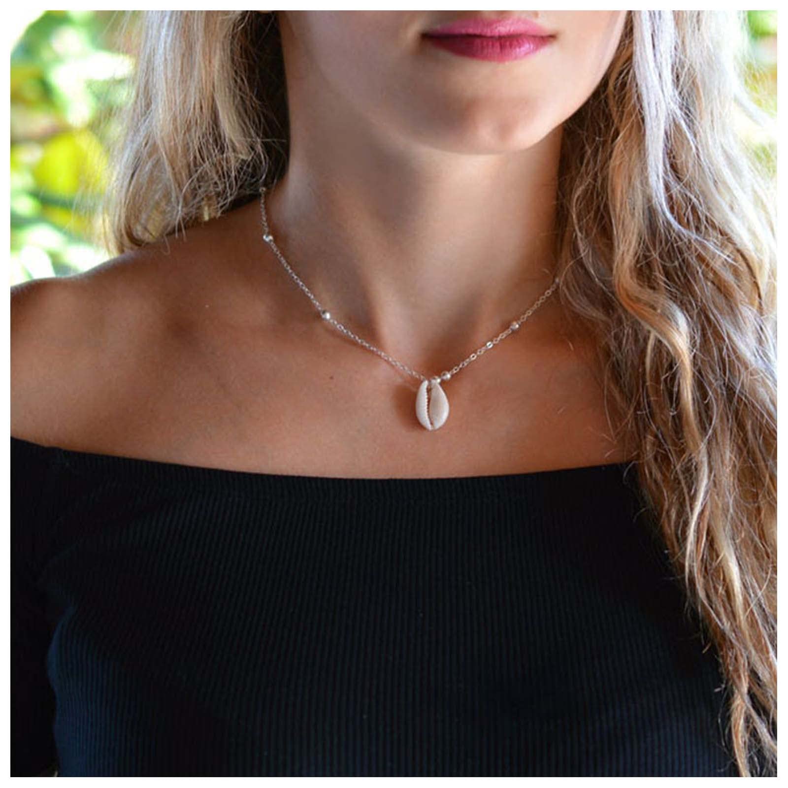 Collana Girocollo Boho Con Conchiglia Singola E Catena A Sfera In Argento, Per Donna E Ragazza - 4