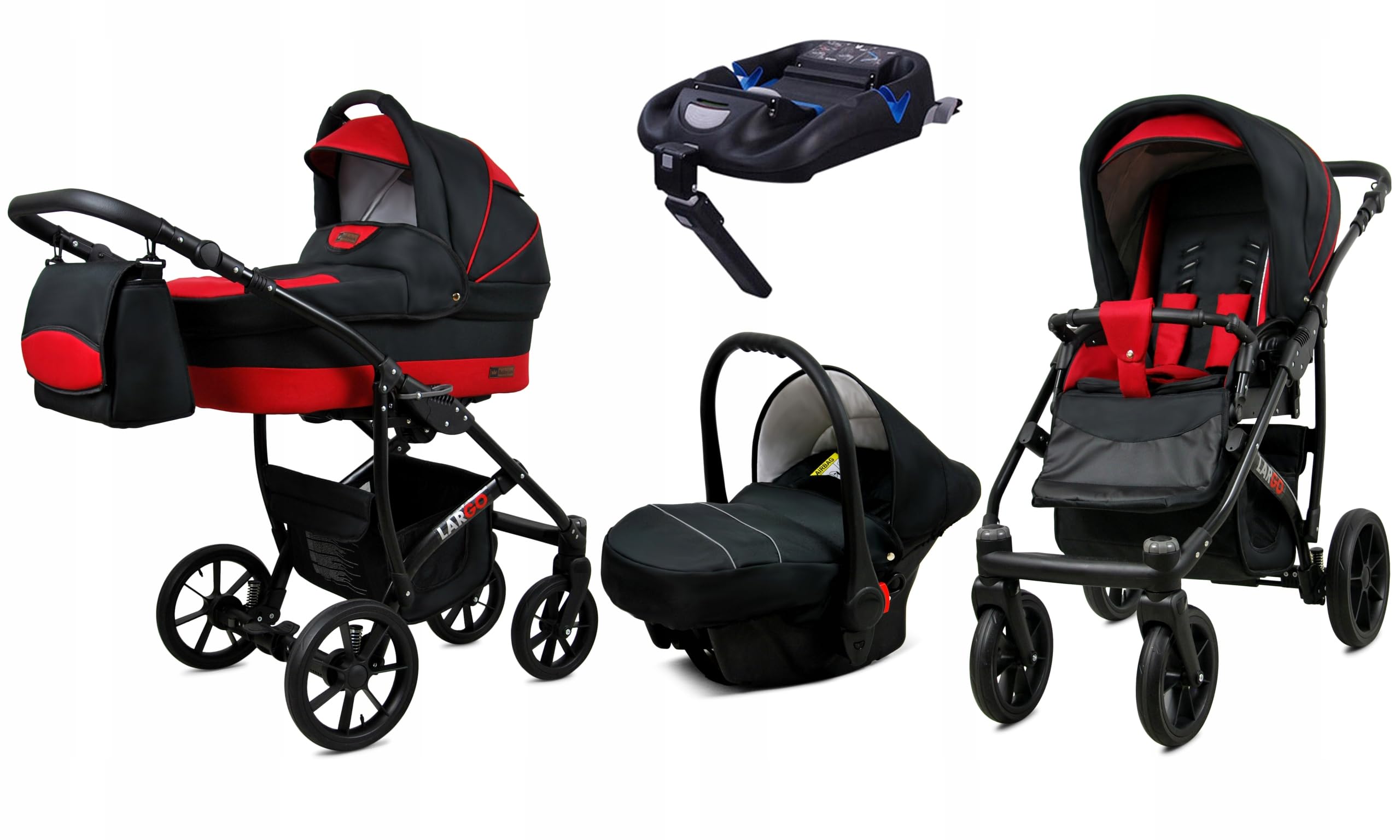 BabyLux Zestaw wózków dziecięcych 4 w 1 – Largo – w zestawie wanienka dla niemowląt, fotelik sportowy, fotelik samochodowy, stacja bazowa ISOFIX – fotelik samochodowy – zestaw wózków dziecięcych