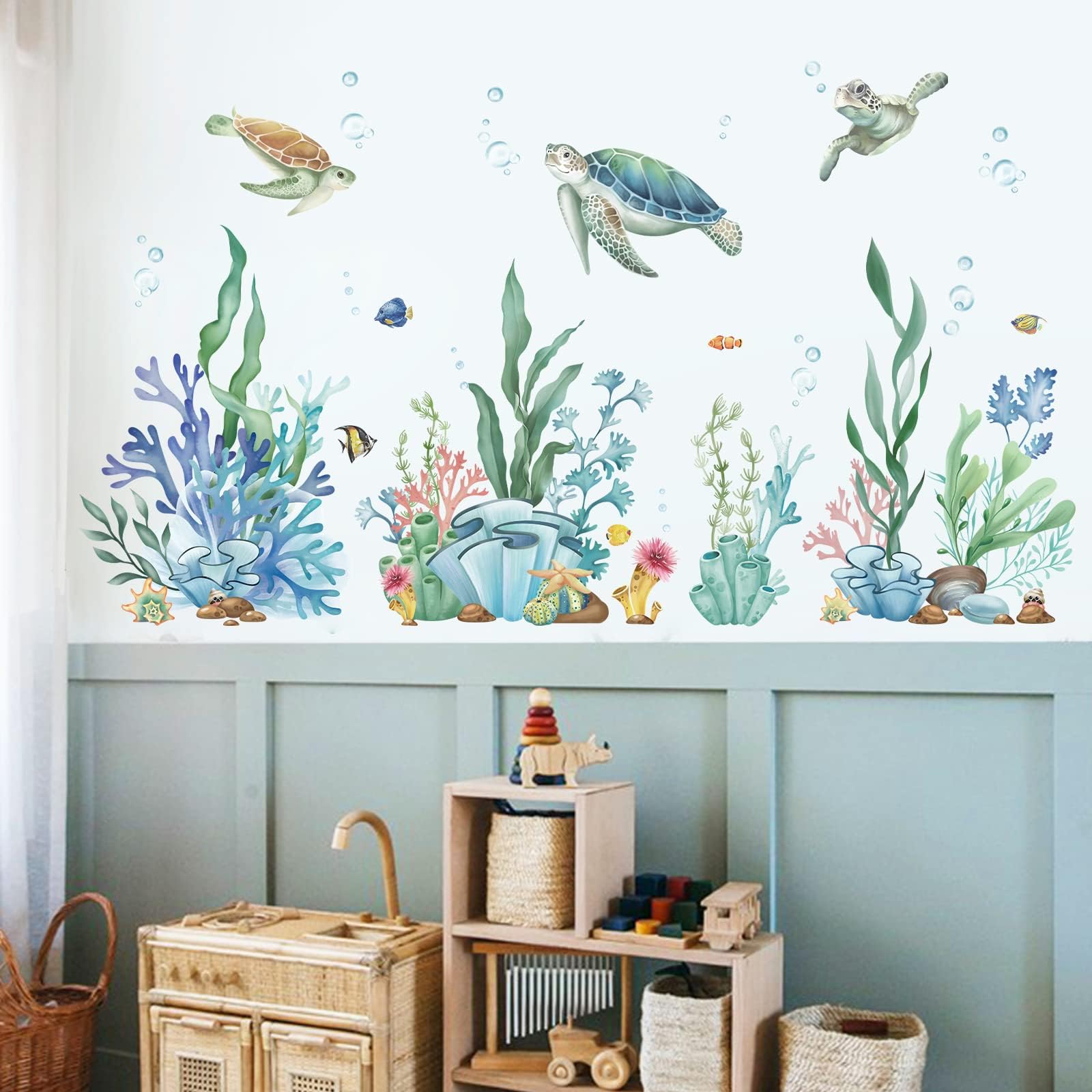 wondever Ocean Seaweed Grass Wall Stickers Turtle Under The Sea Peel and Stick Wall Art Decals for Baby Nursery Kids Bedroom Bathroom