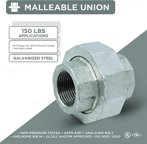 Miniatura 4 de SUPPLY GIANT HNVO0334 Unión recta de hierro maleable galvanizado de 1-12" para aplicaciones de 150 libras, con conexiones roscadas hembra, 1-12