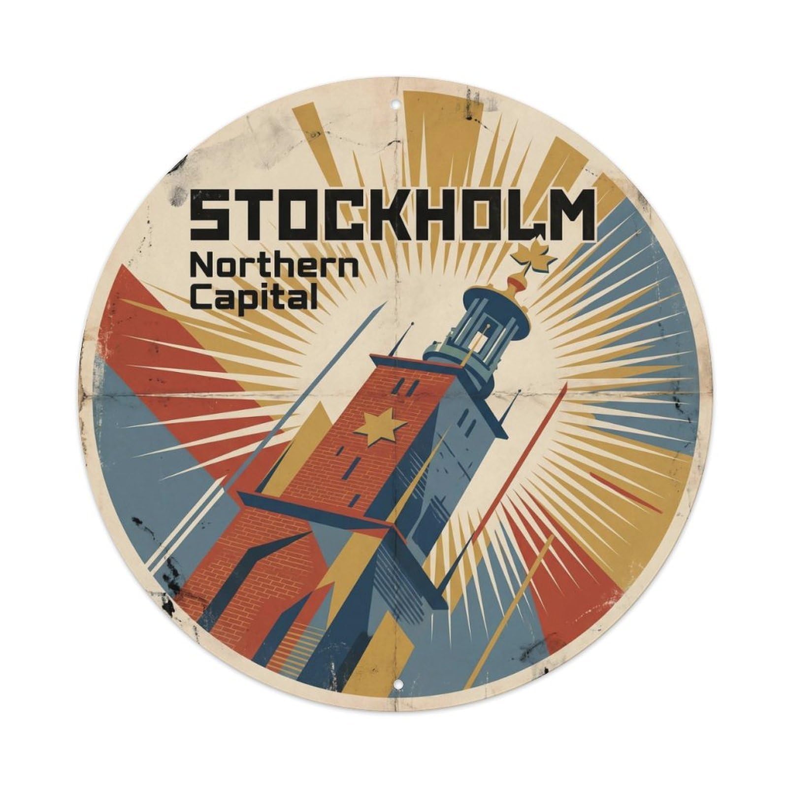 Stockholm City Hall Sweden Historic Travel Landmark Heritage Metal Tin Sign Plaque Wall Decor for Cafe, Man Cave, Club Bar, Office, Home Garden Round Metal Poster 8x8Inch