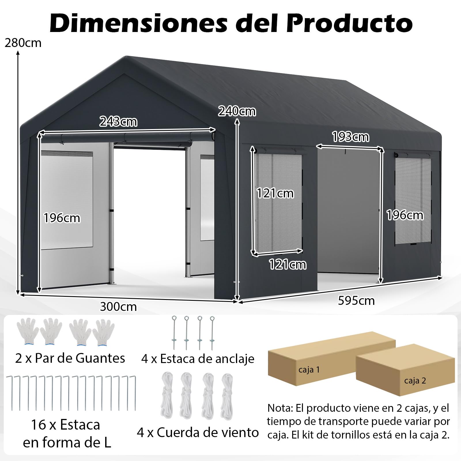 COSTWAY Garaje Exterior para Coche 5,95 X 3 m, 8 Paredes Laterales Desmontables, Puertas Enrollables, Ventanas Ventiladas, Carpa para Garaje para SUV Camión
