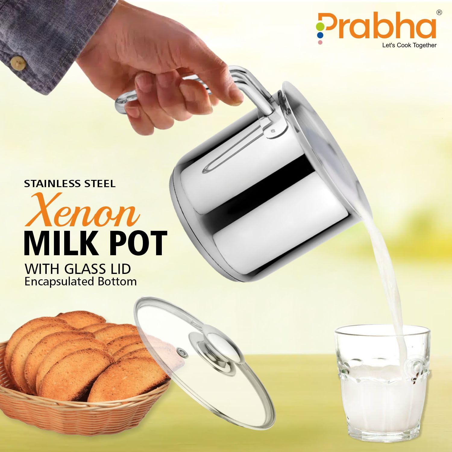Prabha Heavy Gauge Stainless Steel Hammered Milk Pot, Milk Boiler, Encapsulated Base, Compatible with Induction & Gas Stove, 11cm (1.1Litre), 14cm(1.8Litre), Glass Lid (Silver), Combo Set of 2Pcs Set - Image 4 thumbnail