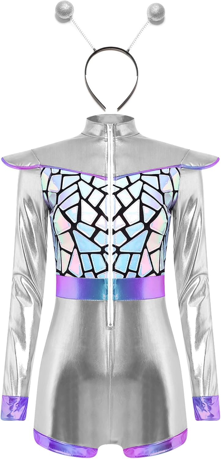 Lejafay Metallic Shiny Women Astronaut Costume Mock Neck Bodysuits