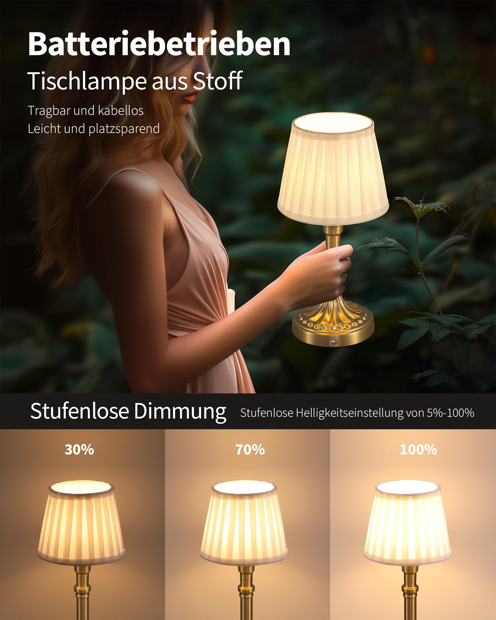 Lampe De Table LED Sans Fil Rechargeable - Abat-jour En Tissu - Luminosité Variable Tactile - Pour Salon, Chambre, Bureau - Lot De 2