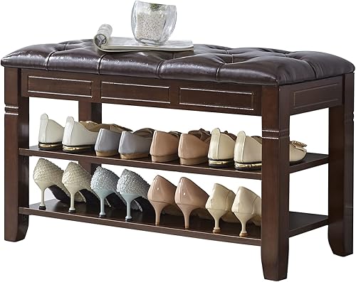 Miniatura 12 de LEILISI Banco de zapatos, banco de almacenamiento de madera con asiento acolchado, zapatero con espacio de almacenamiento oculto para entrada, sala