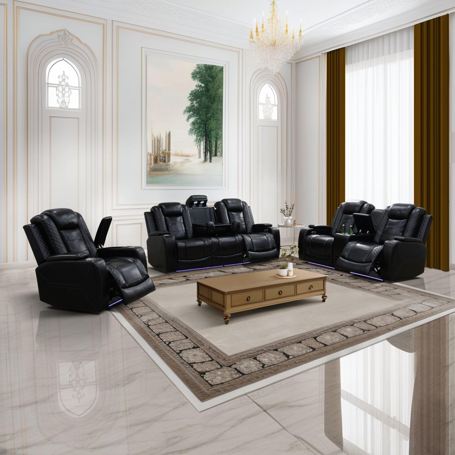 FUOROLA Power Recliner Sofa Set – Electric Reclining Sectional Sofa + Loveseat, Faux Leather Living Room Furniture with Wireless Charger,Cup Holders & Storage Console, Home Theater Seating