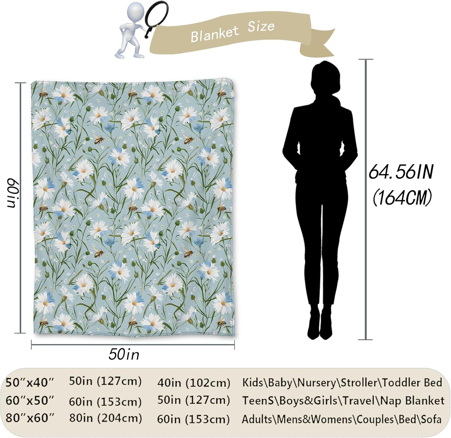 Daisy Floral with Bee Blanket Gifts, Blue and White Wildflower Flannel Throw Blanket for Couch, Bed, Travel & Home Decor, Cozy Lightweight Fuzzy Warm Blankets for Adults Women Girls 60×50 in