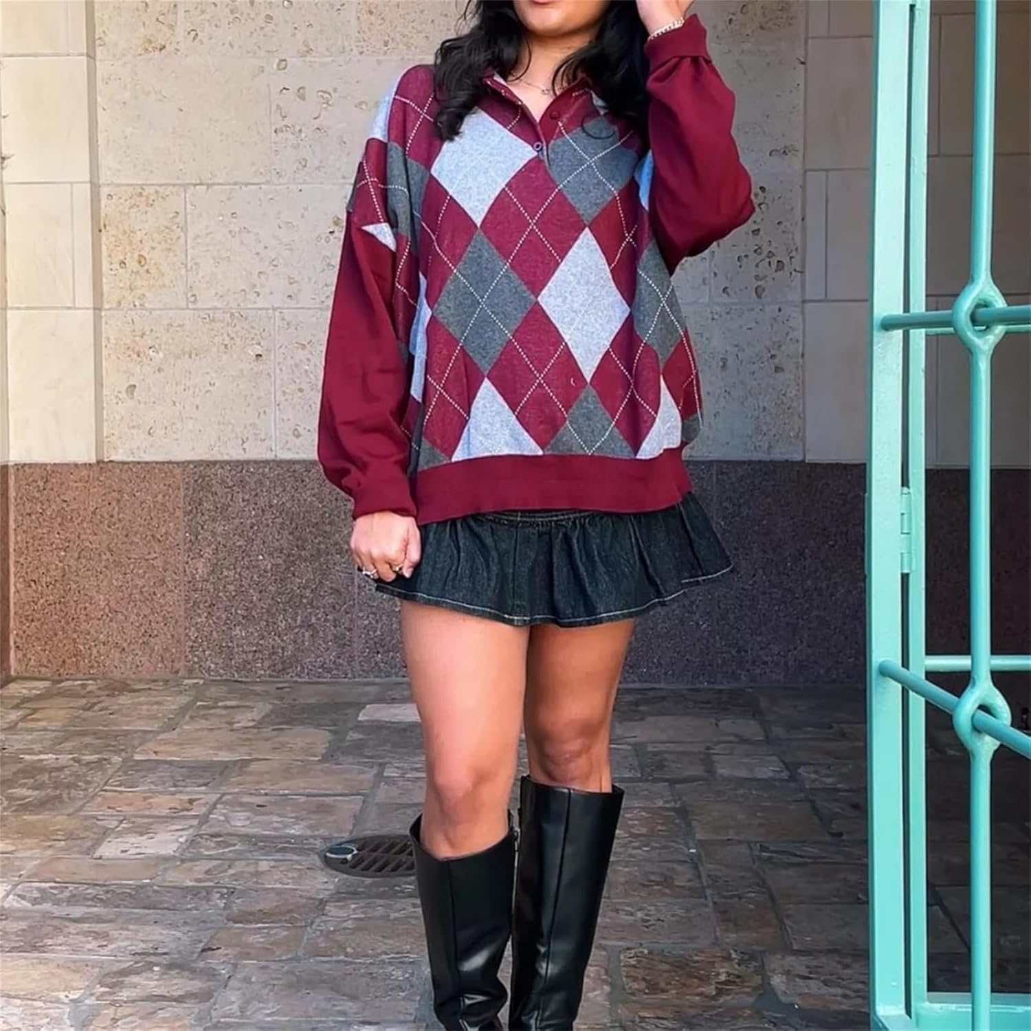 Thopavenoir Women Y2k Argyle Plaid Sweater Vintage Preppy Knitted Shirts Christmas Long Sleeve Aesthetic Baggy Pullover Tops