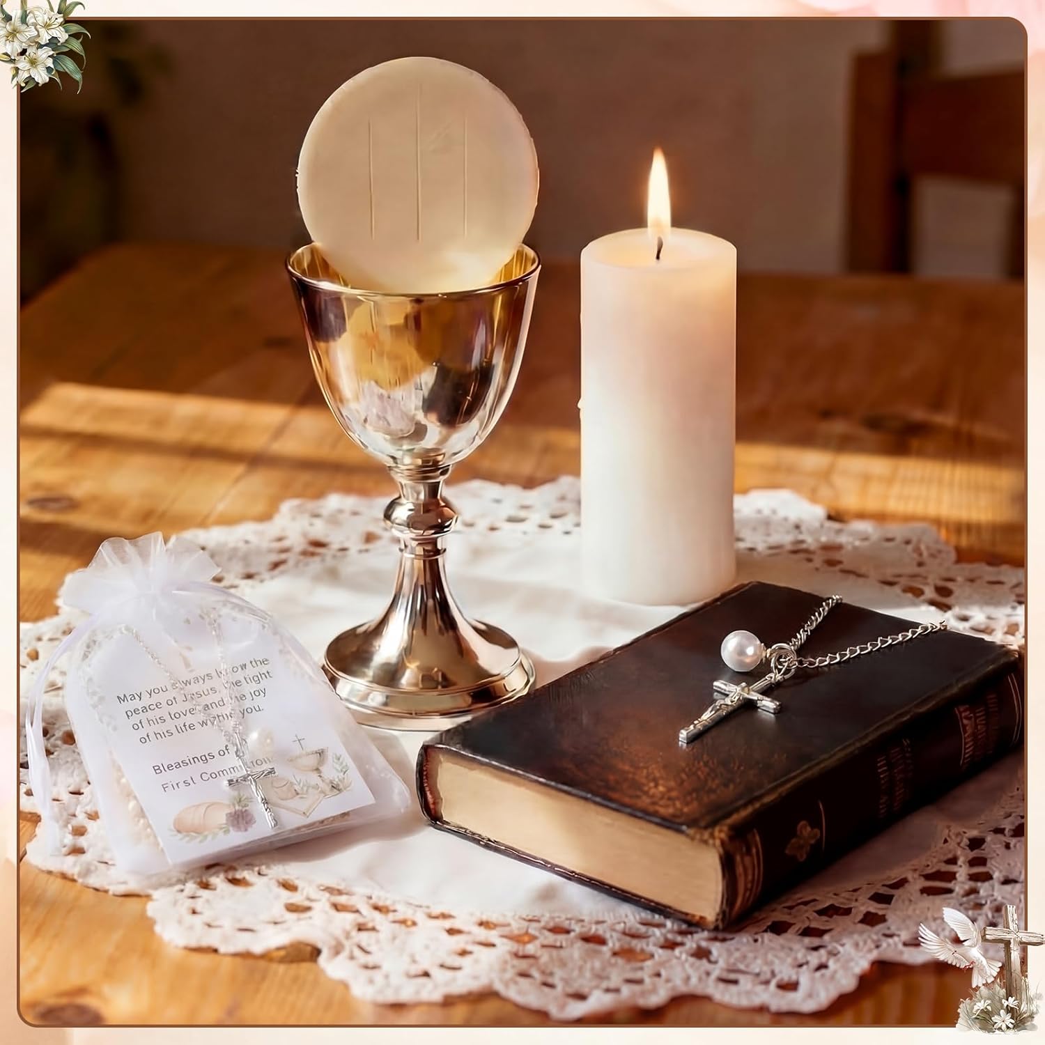 Fumete 144 Pcs First Holy Communion Gifts Communion Favors Sets Baptism Rosary Cross Necklace Bracelets with Cards Organza Bags Christian Easter Gifts for Religious Events(Silver)