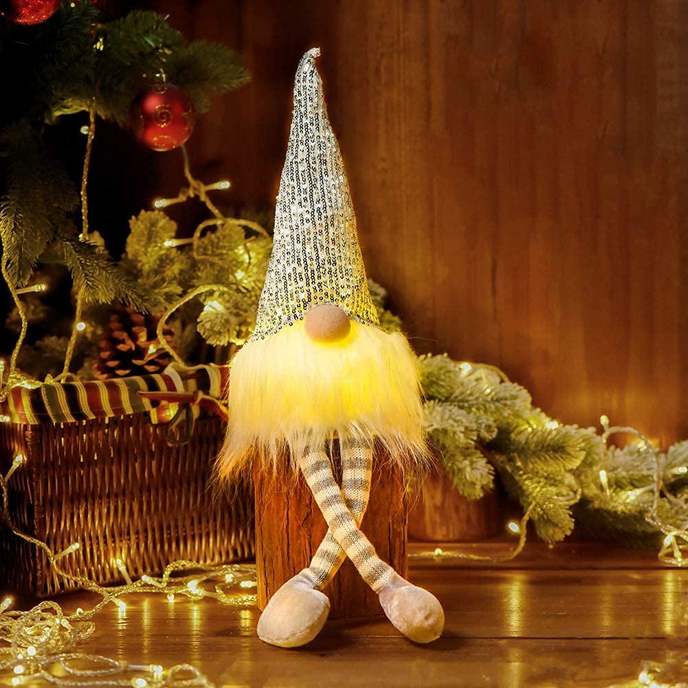 Photo 1 of Christmas Lights Gnome 2022 Decorations, Xmas Striped Long Legs Swedish Easter Handmade Santa Plush Doll Gift, Silver Hat Home Holiday Decorations 22 inch A-shiny Silver
