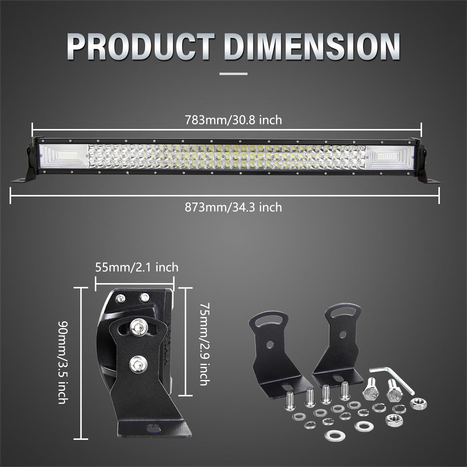 AUXTINGS Barra luminosa a LED da 82 cm con cablaggio del telecomando, fascio di inondazione spot a tripla fila barre led fuoristrada, luce di lavoro flash stroboscopica luci di guida impermeabile