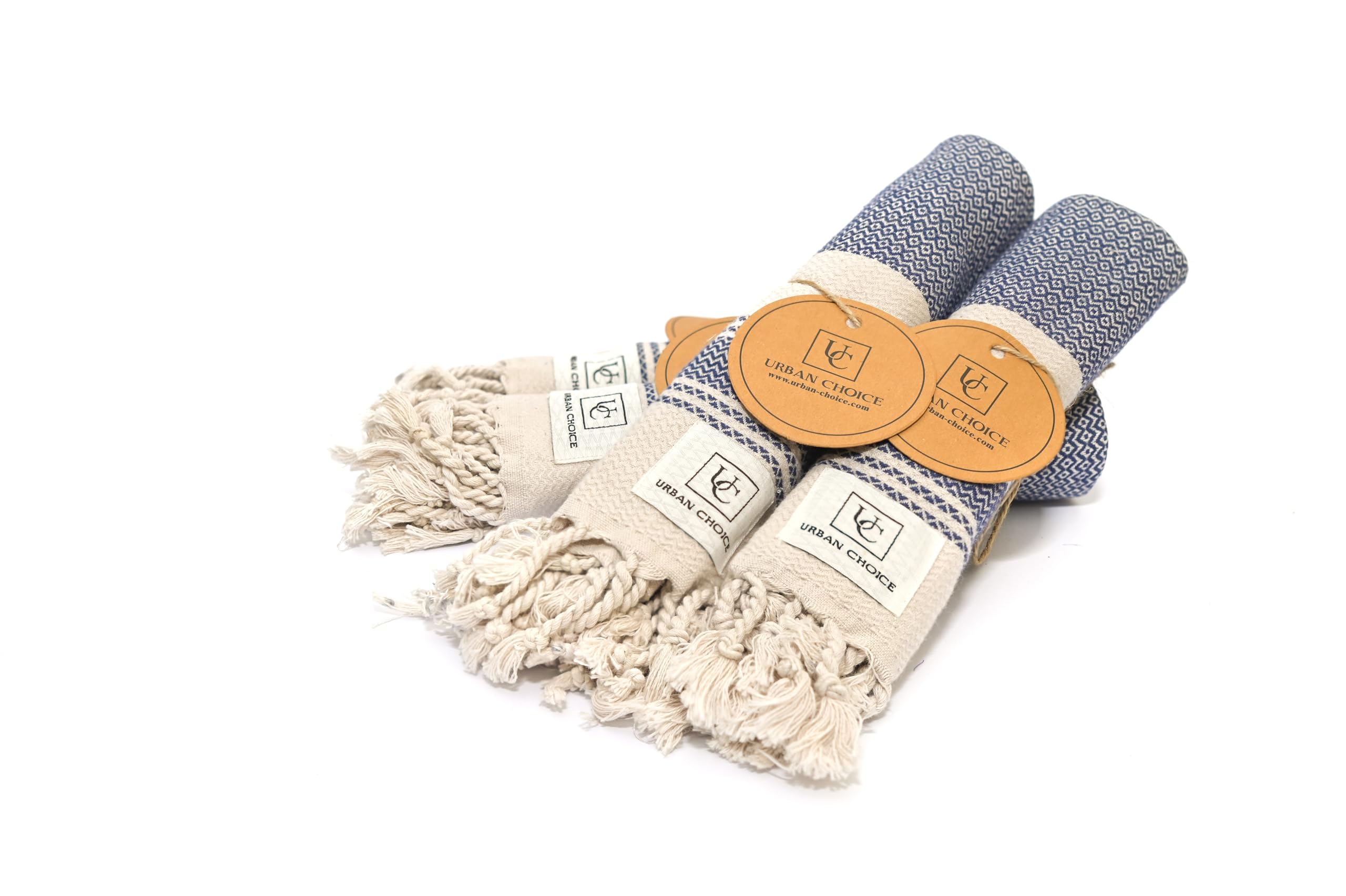 URBAN CHOICE Turkish Hand Towels with Hanging Loop(18" x 38"), Set of 4, Prewashed, Multipurpose Decorative Hand Towels for Bathroom,Hand,Kitchen,Face,Yoga,Gym,Tea (Navy Blue, Diamond - Pack of 4)