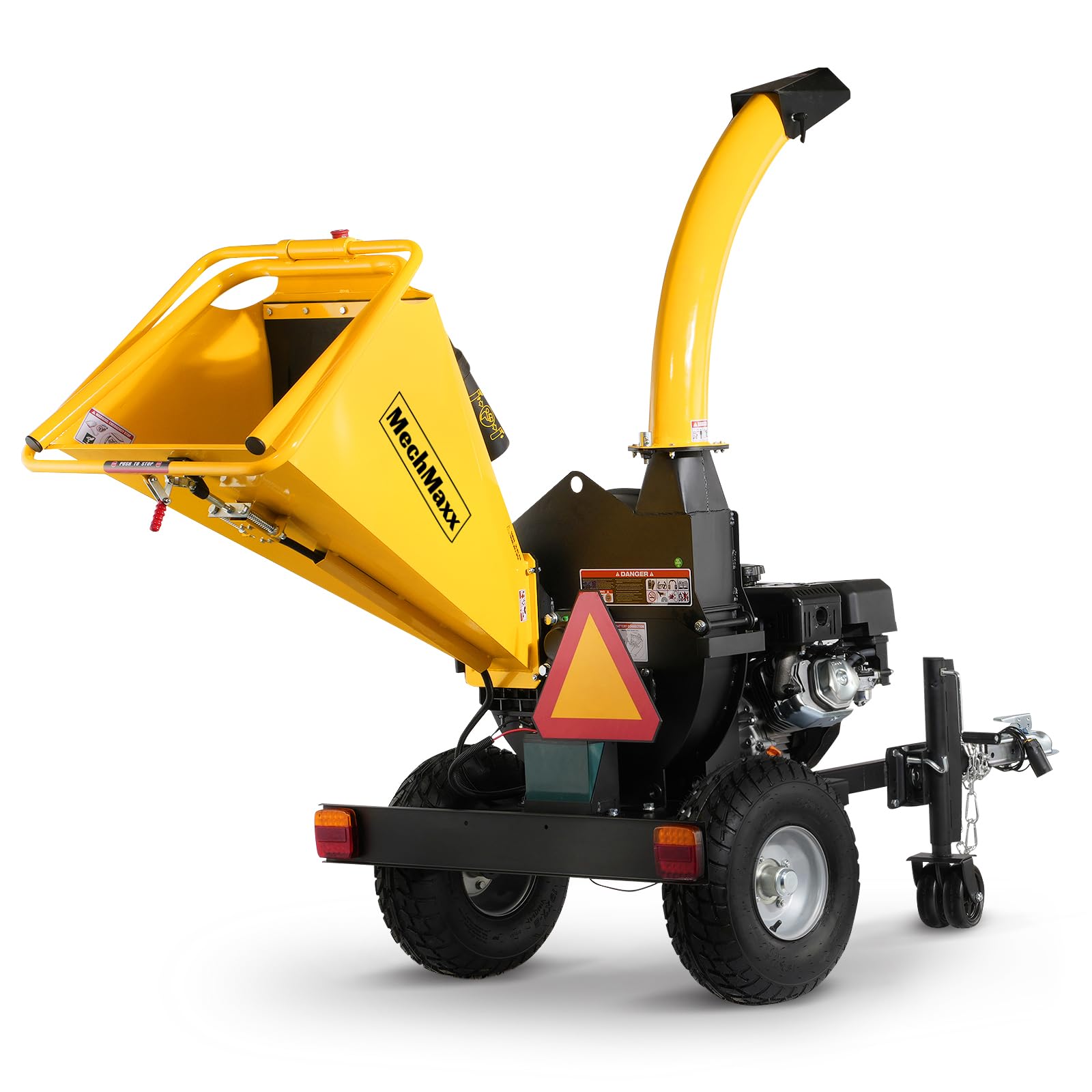 MechMaxx 5'' Inch E-Start 420cc 15hp Gas Powered Wood Chipper Shredder Mulcher with Tail Light, Towbar, Emergency Stop Button, Stop Bar, Model P4205 (Yellow)