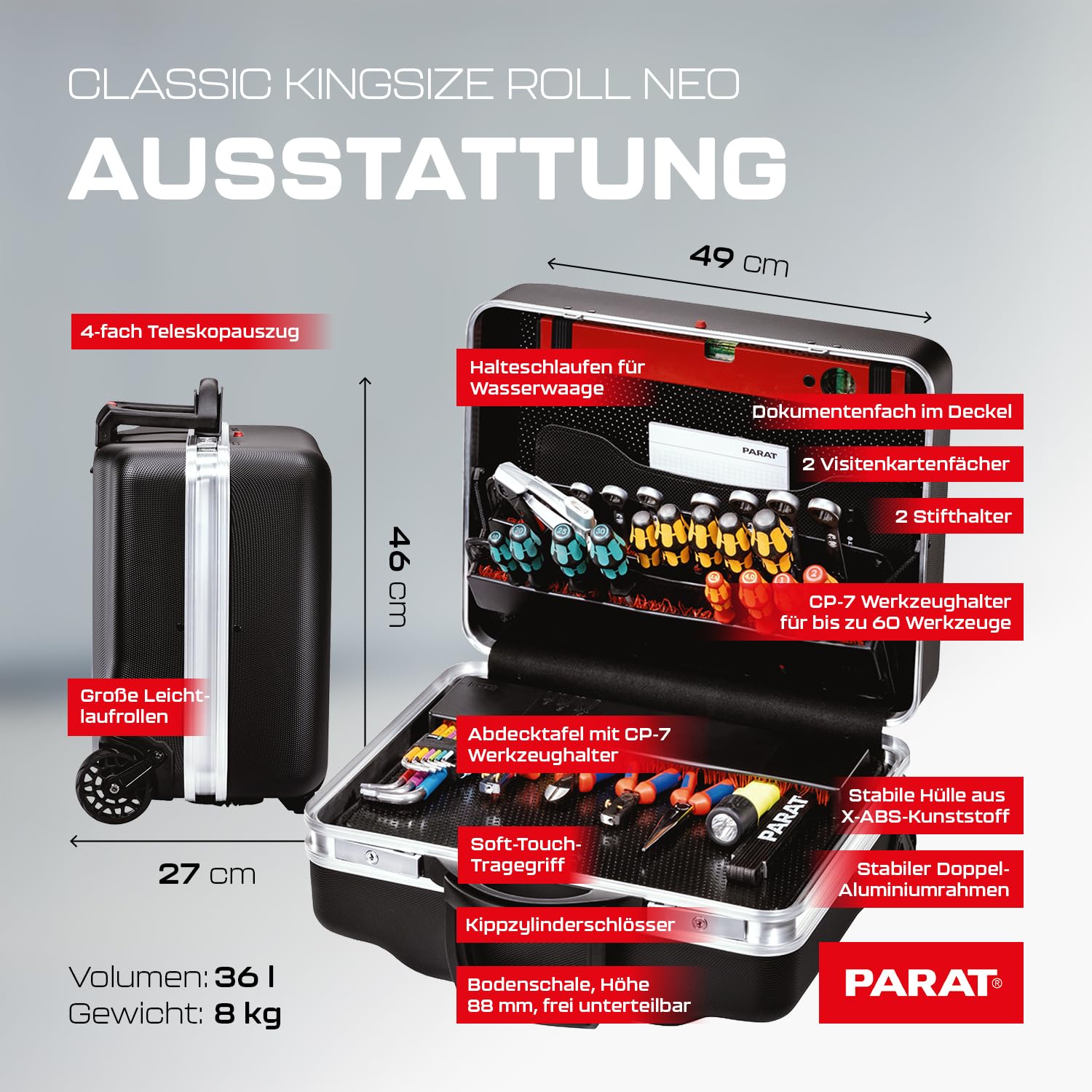 PARAT CLASSIC KingSize Roll neo CP-7 | Werkzeugkoffer leer für 60 Werkzeuge | Inkl. BASIC Roll-Up Case 8 | Rollkoffer mit CP-7 Halterungen | Bodenschale & Dokumentenfach | mit Teleskopauszug & Rollen