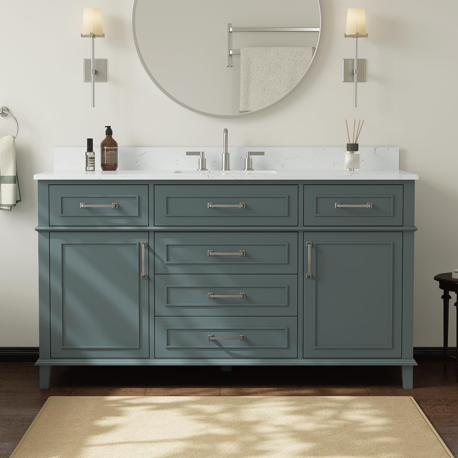 DELUXE LIVING 60 Inch Bathroom Vanity with Sink, Single Sink Bathroom Vanity with Adjustable Feets, Modern Bathroom Storage Cabinet with Soft Closing