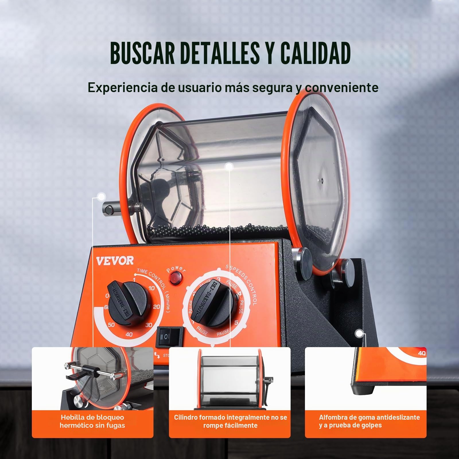 VEVOR Máquina Pulidora De Joyas con Vaso Giratorio 3kg 45W Pulidora de Joyas de 5 Velocidades 0-60 min Pulidora de Tambor Giratorio Ajustable Acción Bidireccional para Pulir Piedra Roca Hierro Joyero