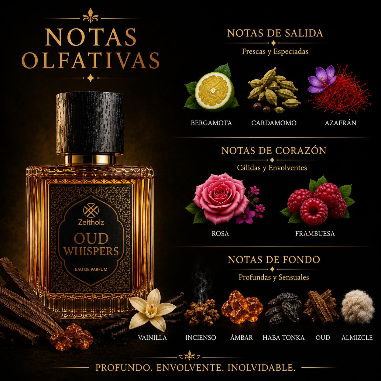 Perfume árabe para Hombre – Oud Whispers Eau de Parfum 100 ml – Fragancia de oud Amaderada y Ambarada – Larga Duración con Azafrán, Rosa, Vainilla e Incienso