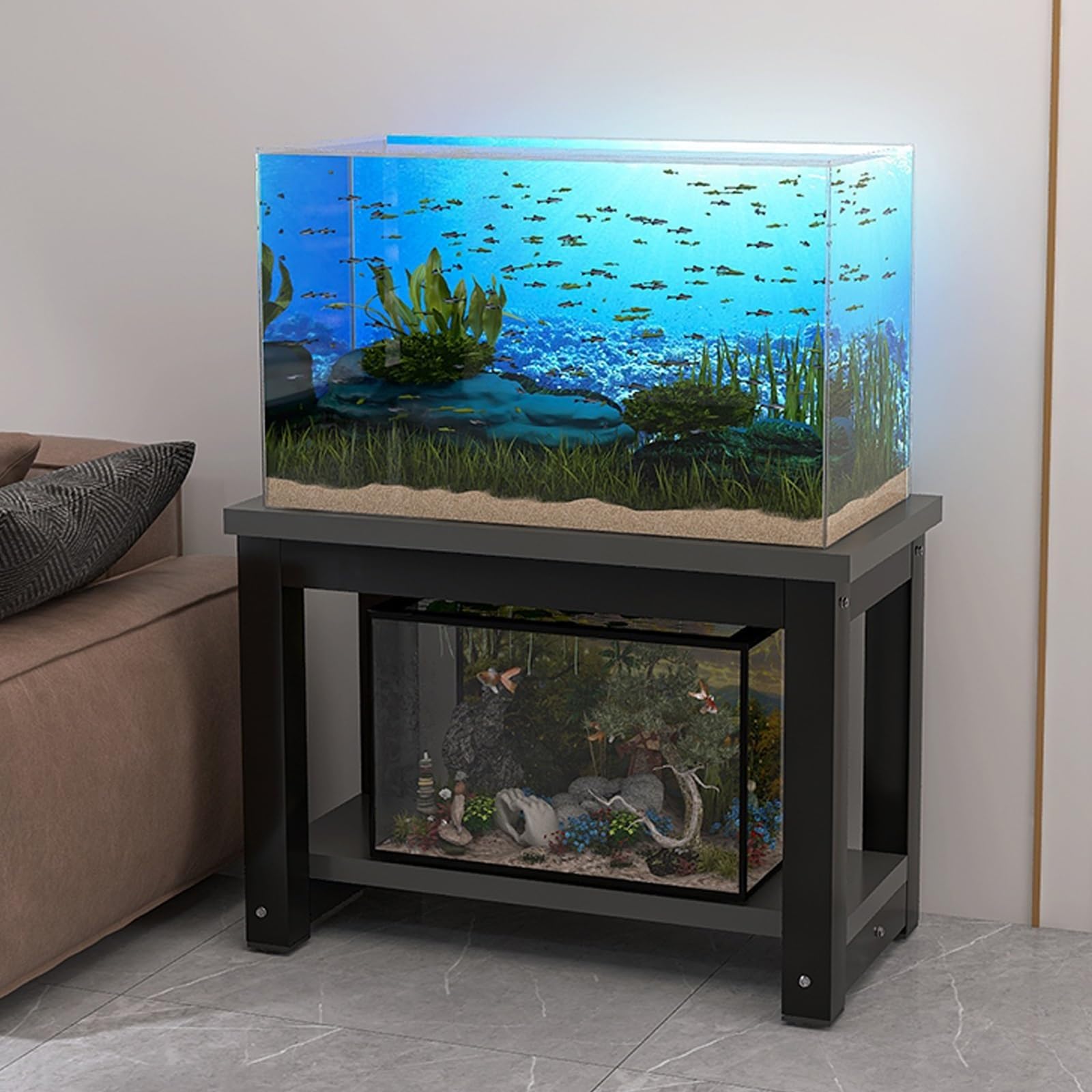 Stojak pod Akwarium z Półką, Metalowy Regał Wytrzymały, Dwupoziomowa Półka na Terrarium dla Gadów, Stolik Akwariowy z Płytą MDF, Stojak na Rośliny do Salonu Biura Sypialni(Brown+Black,60x30cm)