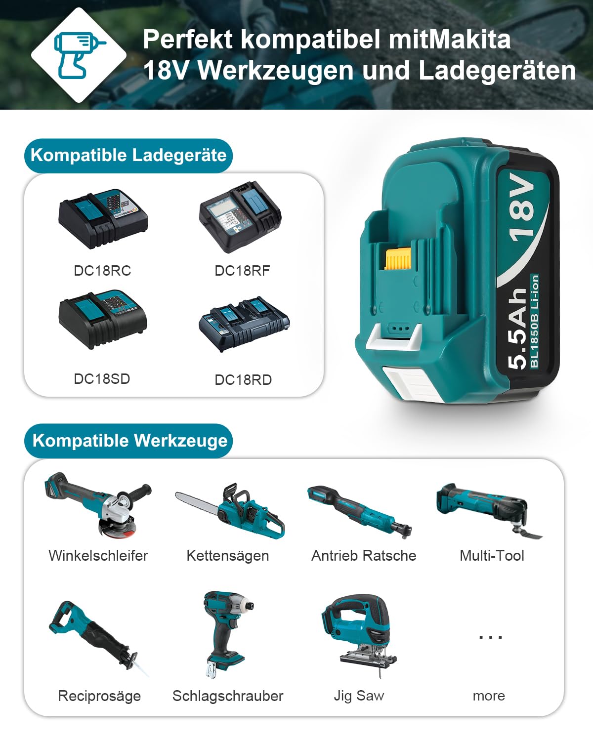 2×5500mAh 18 V Li-Ion Ersatzakku für Makita BL1855B BL1860B BL1860 BL1850B BL1850 BL1840 BL1830 BL1815 194205-3 LXT400
