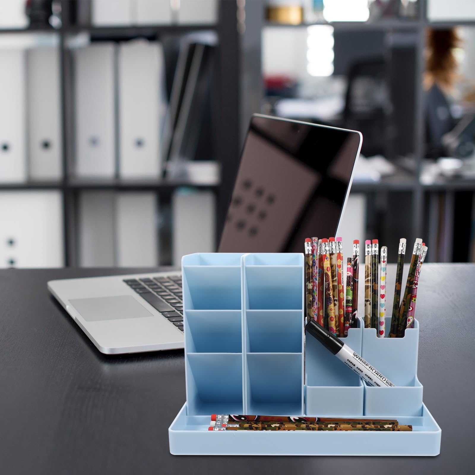 Kichvoe Portalápices Vertical Azul de Abs, Organizador Multifuncional de Escritorio Compartimentos Combinados para Bolígrafos, Tijeras y Accesorios, Caja Porta Lápices para Oficina,