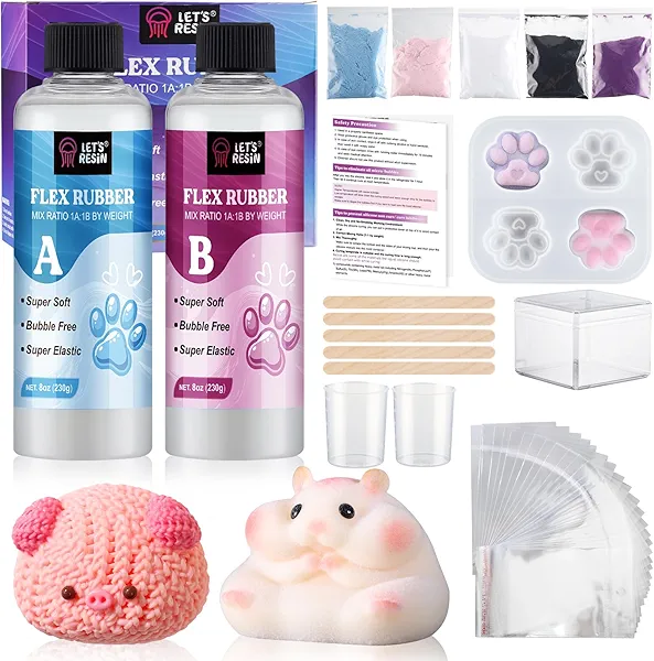LET'S RESIN Gel for Taba Squishy Kit, 16oz Super Soft Flex Rubber for Squishy Maker, with Paw Molds/Flocking Powder/Bag, Molding Cat's Paw, DIY Decompression Gift
