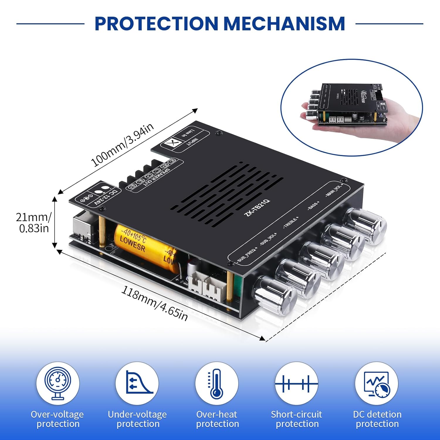 ZK-TB21Q Bluetooth 5.1 Amplifier Board 2.1 Channel 50W*2+100W Mini Hi-Fi Audio Amp Supporting Qualcomm APTX-HD, AUX Lossless Input, Sub Amplifiers with Mic Input, DC 12-24V (ZK-TB21 Upgraded)