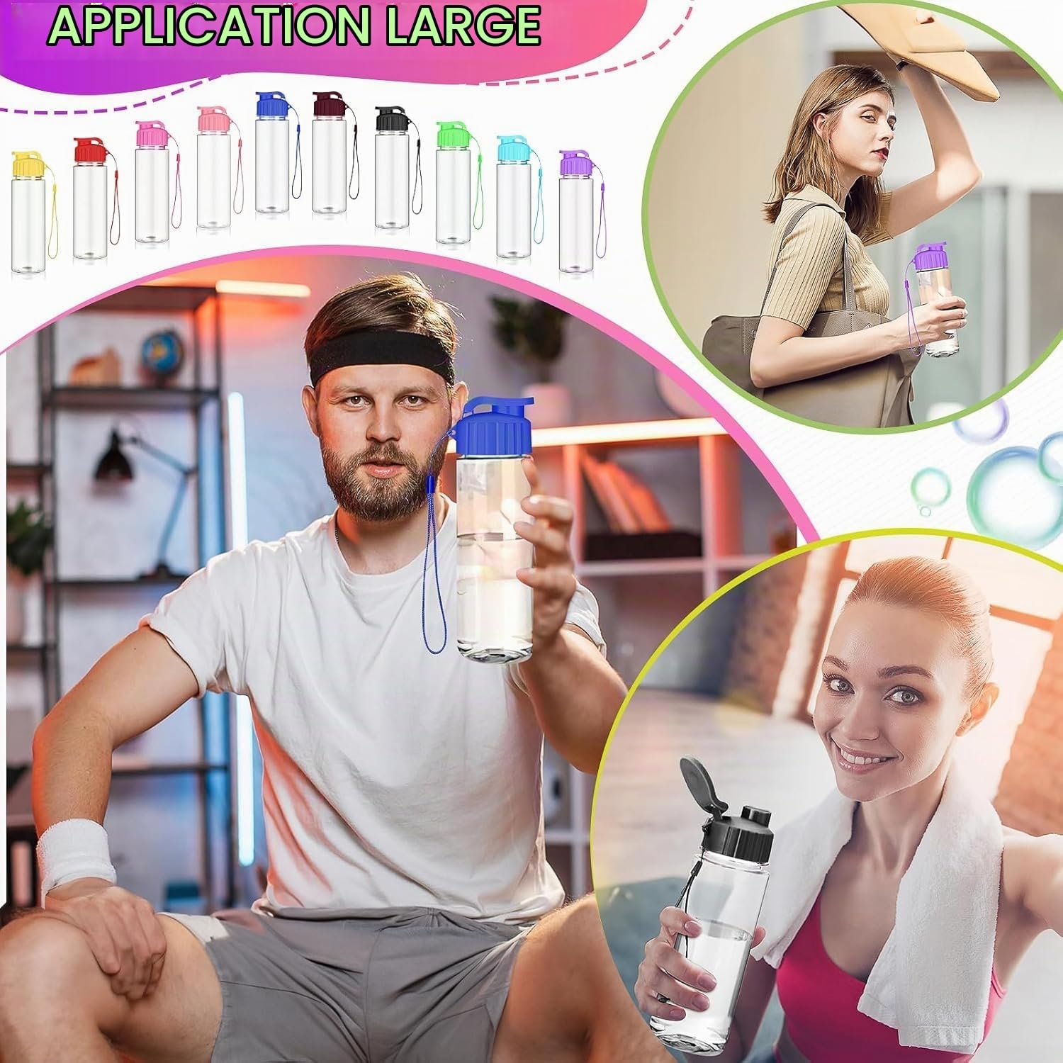 MSYU Lot de 20 bouteilles d'eau en plastique avec poignée - Légères et étanches - Pour adultes - 500 ml - Multicolore