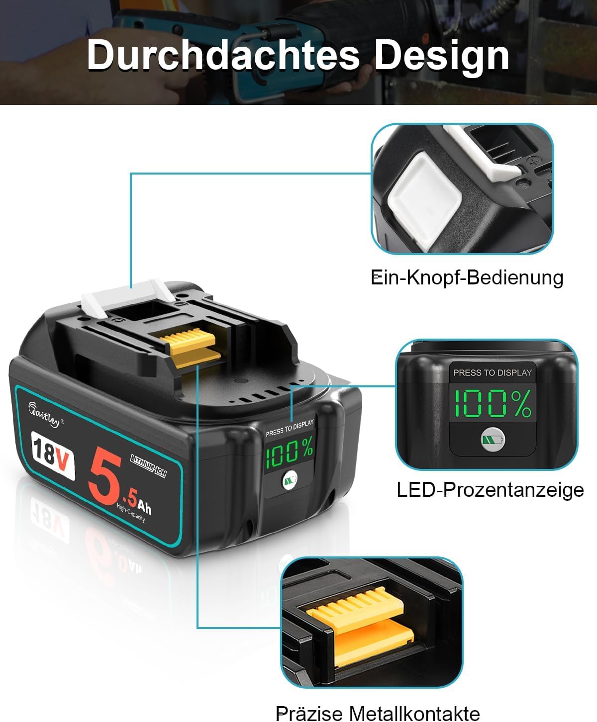 Waitley 2X 18V 5,5Ah Ersatzakku für Makita Akku 18V Elektrowerkzeuge