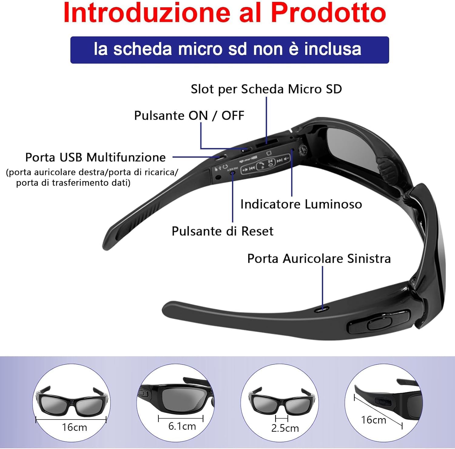 Occhiali da sole con telecamera nascosta spia Full HD 1080p, Bluetooth con cuffie per musica, telefono. Con lenti polarizzate con protezione UV, per attività all'aperto e viaggi - CW895
