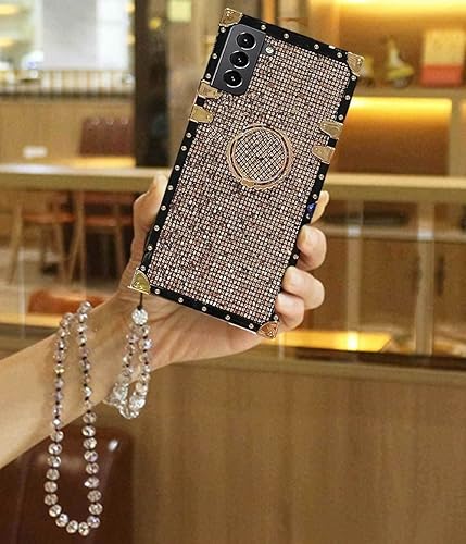 Babemall - Funda para Samsung A14 4G 5G, con diseño retro y brillante, cadena de correa de cristal, resistente, a prueba de golpes, híbrida de